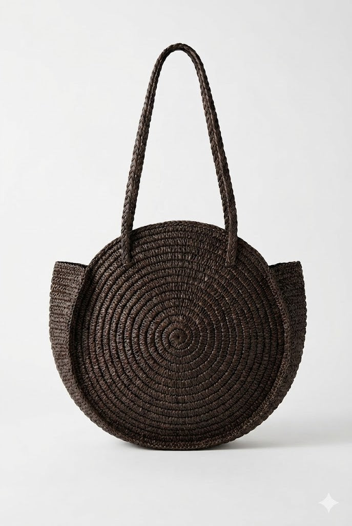 NATURELLEMENT - Borsa a Spalla Tonda in Rafia Sasha choco