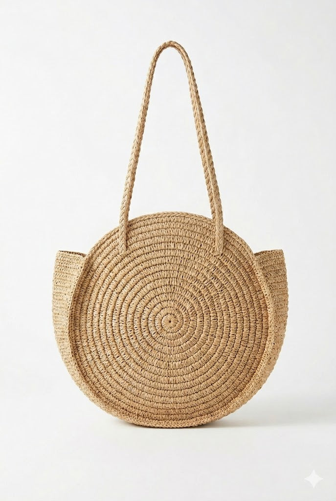 NATURELLEMENT - Borsa a Spalla Tonda in Rafia Sasha vanille